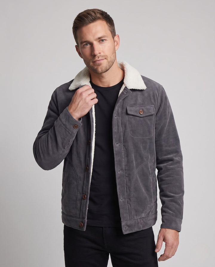 Men's cord worker jacket with full Sherpa lining, shirt collar, and side pockets Hudson & Parker