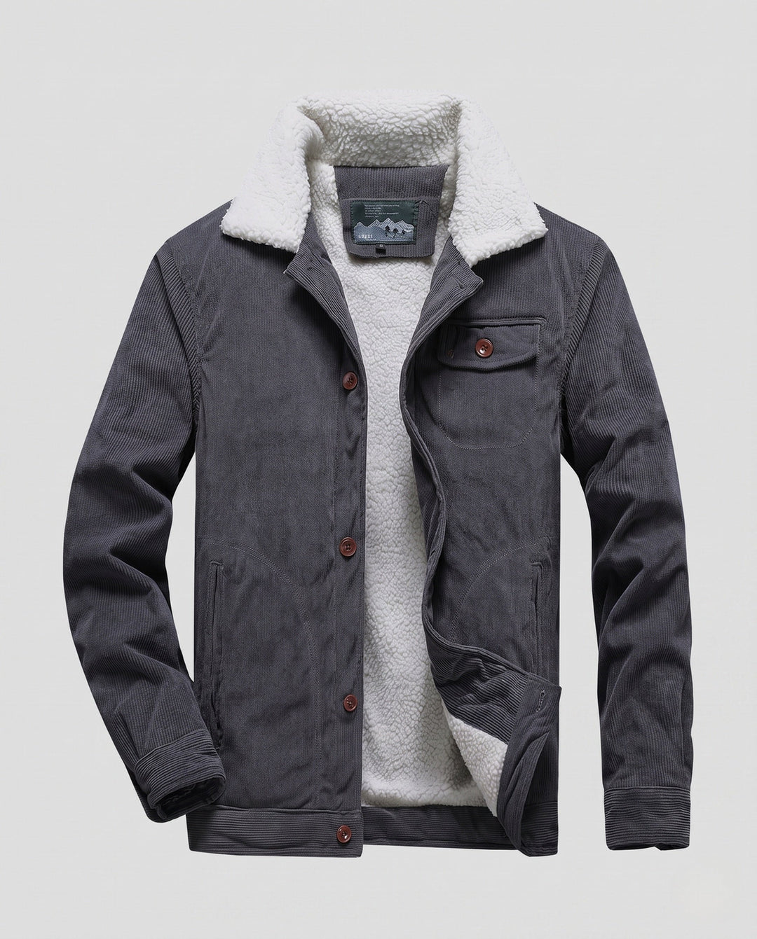 Men's cord worker jacket with full Sherpa lining, shirt collar, and side pockets Hudson & Parker