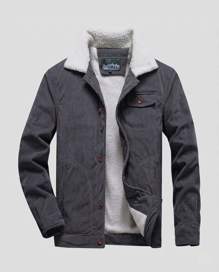 Men's cord worker jacket with full Sherpa lining, shirt collar, and side pockets Hudson & Parker