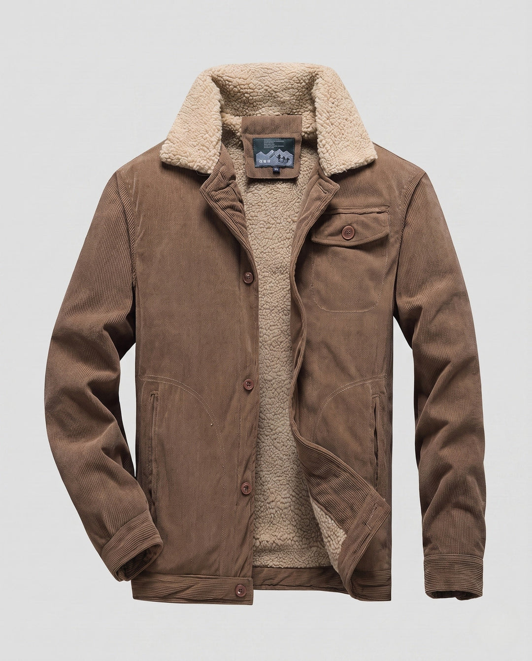 Men's cord worker jacket with full Sherpa lining, shirt collar, and side pockets Hudson & Parker