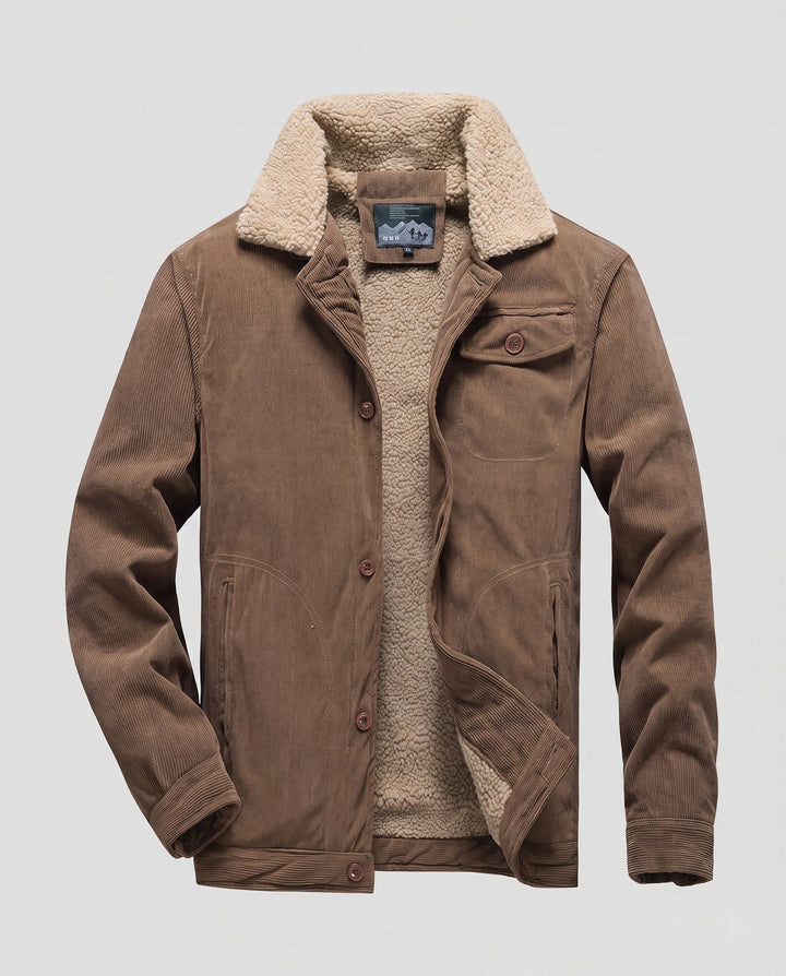 Men's cord worker jacket with full Sherpa lining, shirt collar, and side pockets Hudson & Parker