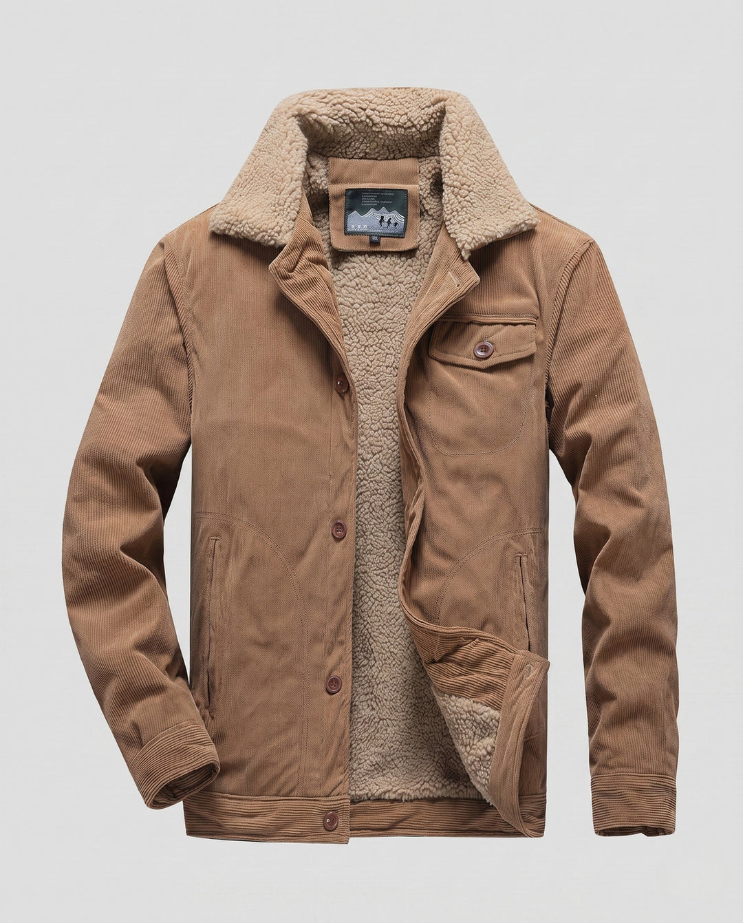 Men's cord worker jacket with full Sherpa lining, shirt collar, and side pockets Hudson & Parker