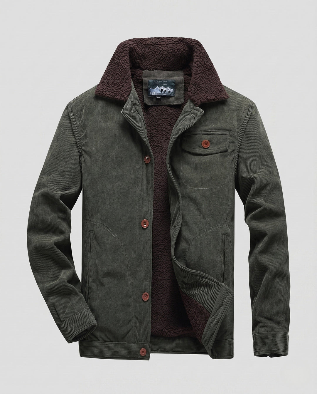 Men's cord worker jacket with full Sherpa lining, shirt collar, and side pockets Hudson & Parker