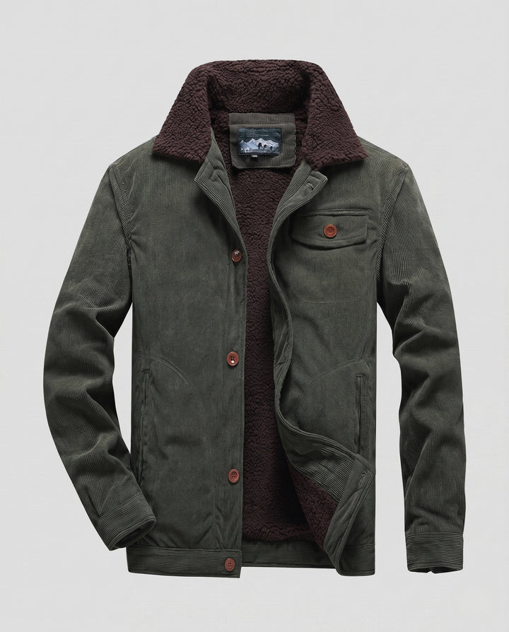 Men's cord worker jacket with full Sherpa lining, shirt collar, and side pockets Hudson & Parker