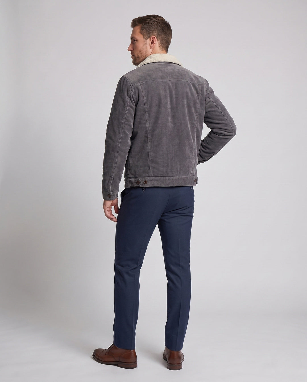 Men's cord jacket in trucker style with all-over Sherpa lining and teddy collar Hudson & Parker