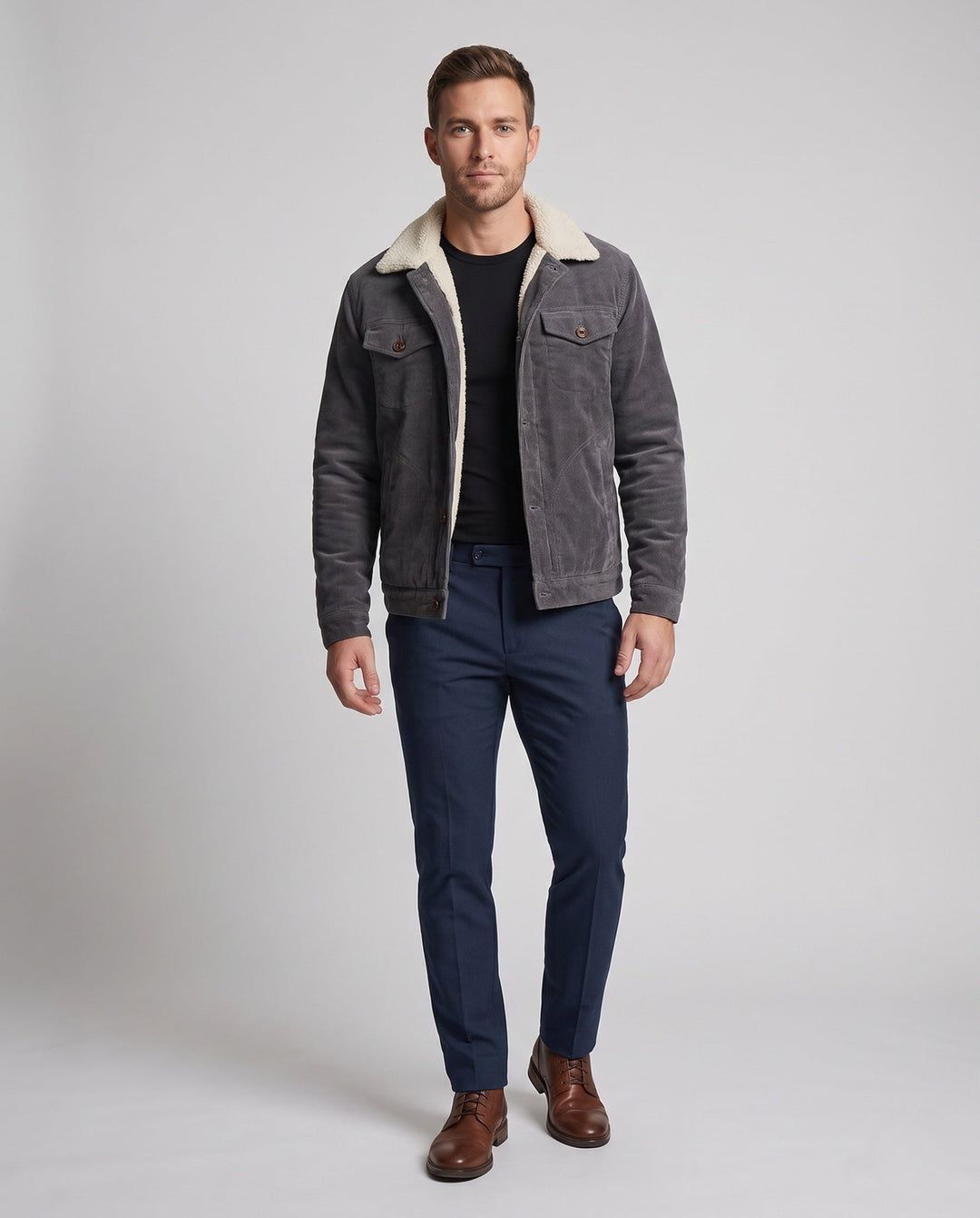 Men's cord jacket in trucker style with all-over Sherpa lining and teddy collar Hudson & Parker