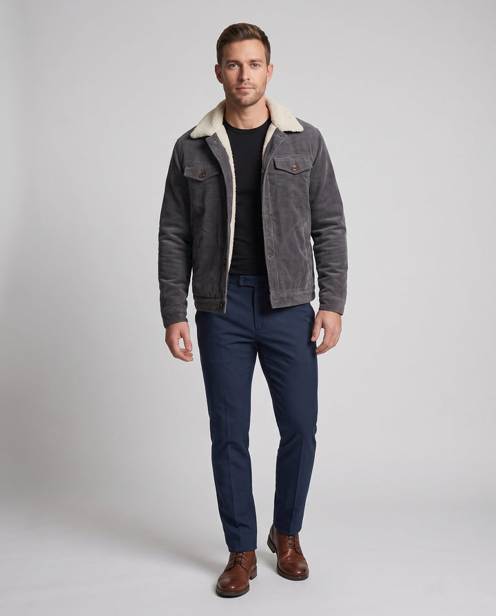Men's cord jacket in trucker style with all-over Sherpa lining and teddy collar Hudson & Parker