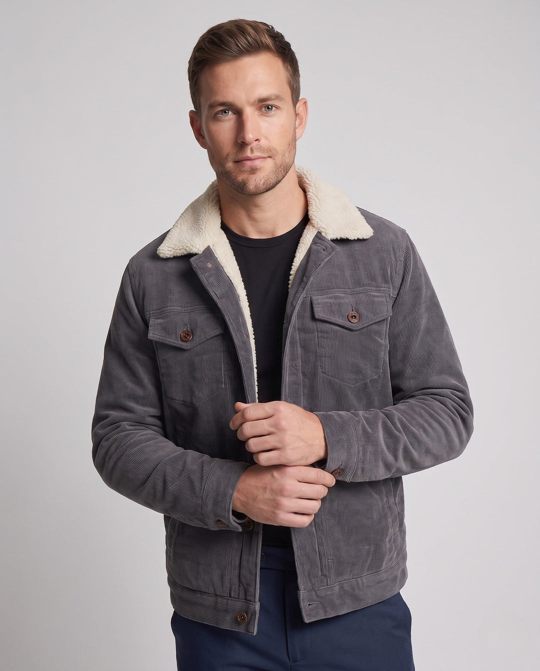 Men's cord jacket in trucker style with all-over Sherpa lining and teddy collar Hudson & Parker