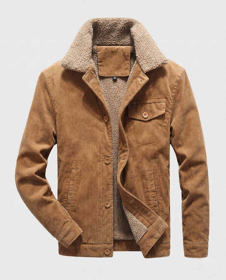 Men's cord jacket in trucker style with all-over Sherpa lining and teddy collar Hudson & Parker