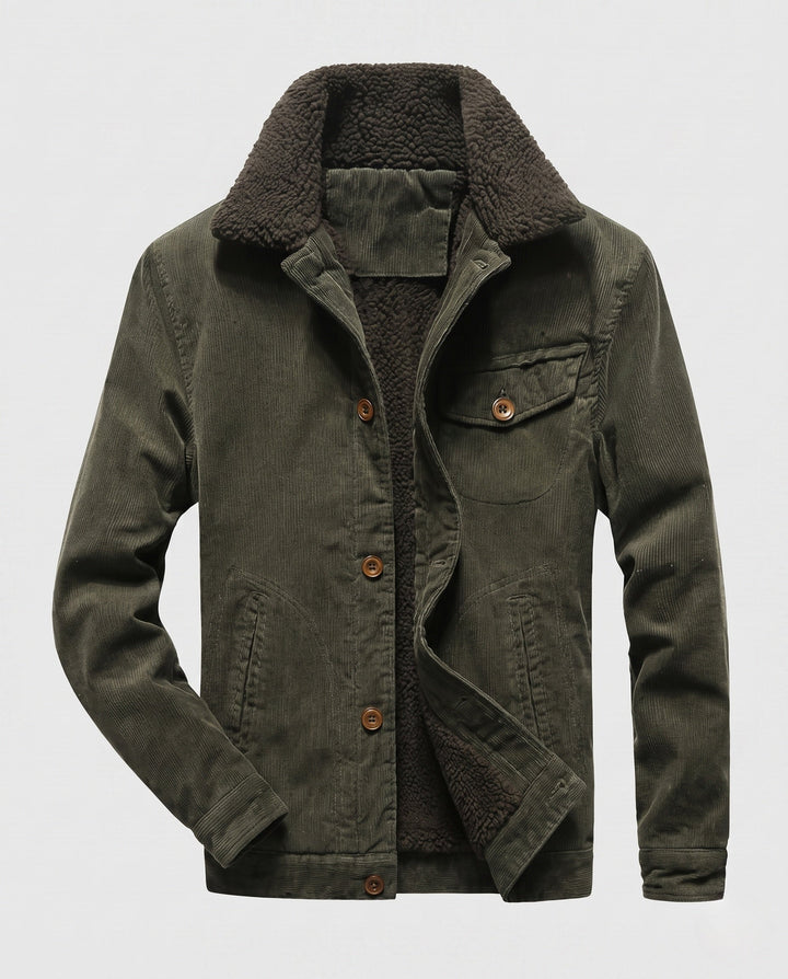 Men's cord jacket in trucker style with all-over Sherpa lining and teddy collar Hudson & Parker