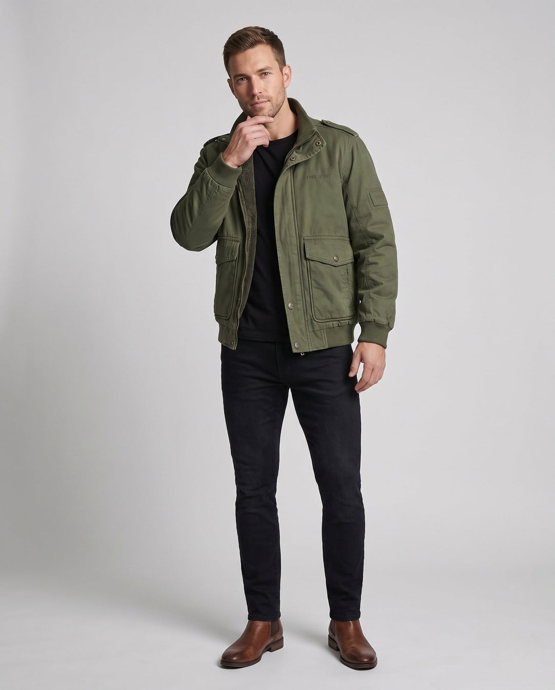 Men's field jacket with full teddy lining, stand-up collar and flap pockets Hudson & Parker