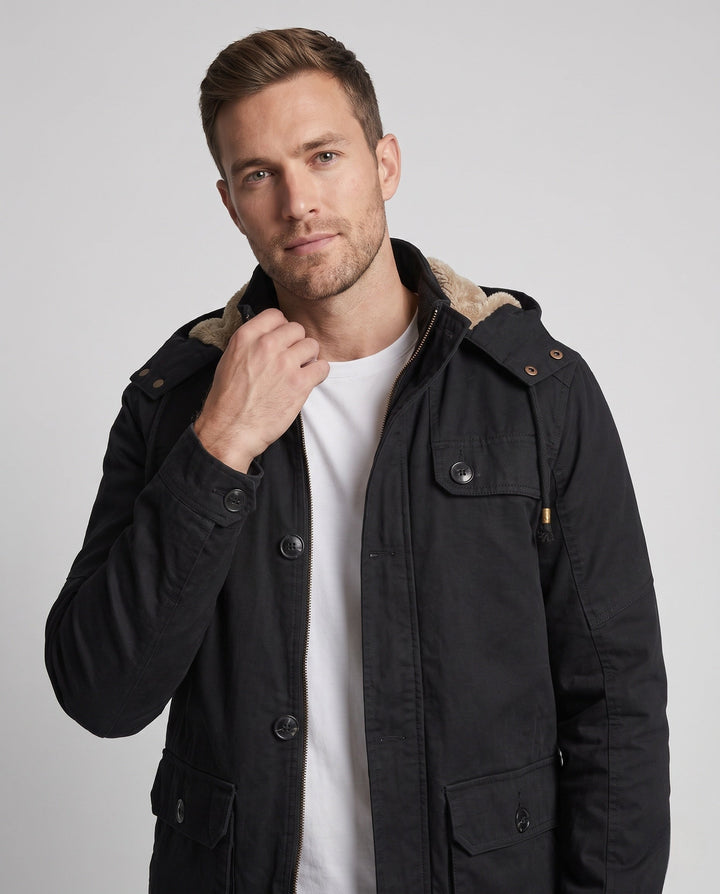 Men's field parka with sherpa-lined hood and multifunctional utility pockets Hudson & Parker