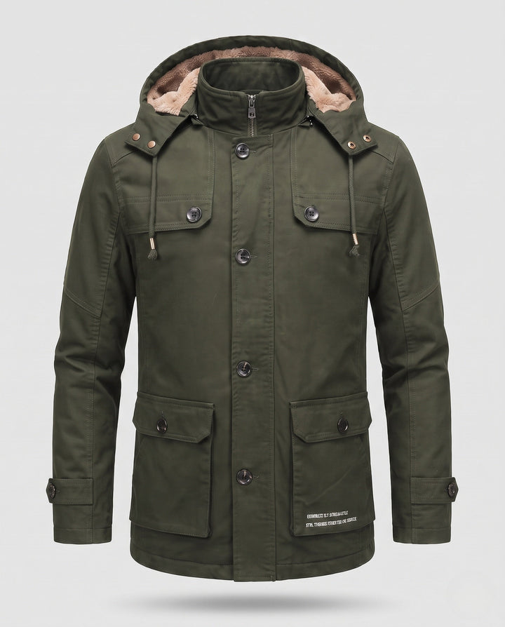 Men's field parka with sherpa-lined hood and multifunctional utility pockets Hudson & Parker