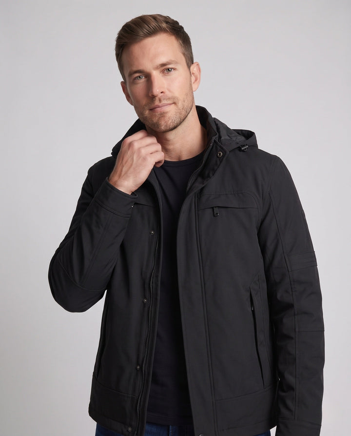 Men's functional hooded jacket in field style with hidden zip pocket and adjustable velcro cuffs Hudson & Parker