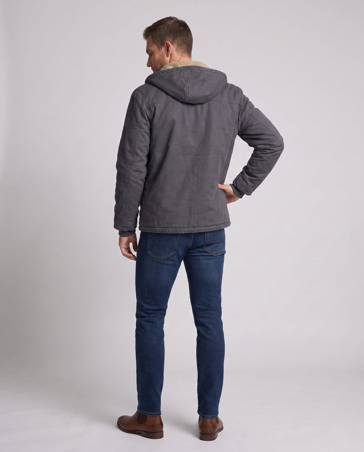 Men's Lined Canvas Hoodie with Full Sherpa Lining and Drawstring Hudson & Parker
