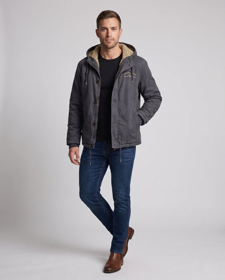 Men's Lined Canvas Hoodie with Full Sherpa Lining and Drawstring Hudson & Parker