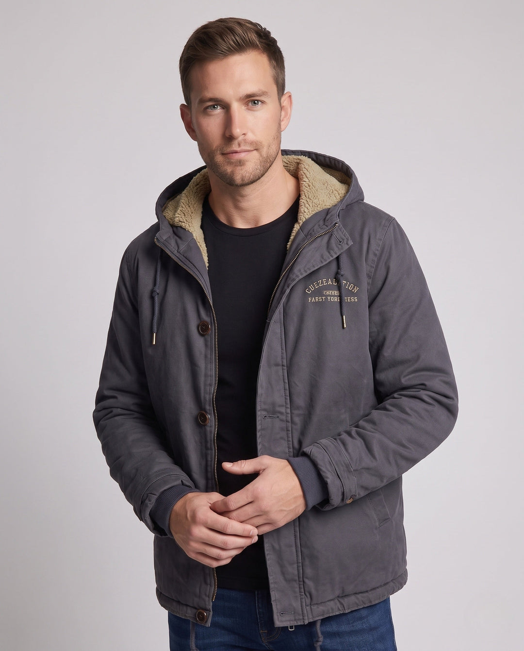 Men's Lined Canvas Hoodie with Full Sherpa Lining and Drawstring Hudson & Parker