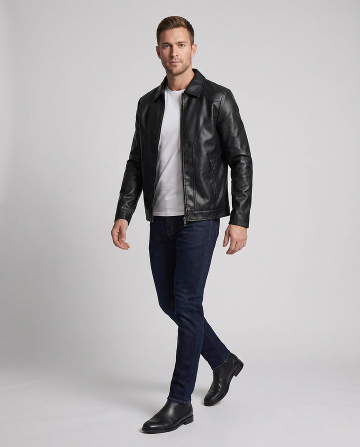 Men Smooth Leather Look Blouson with Full Teddy Lining and Concealed Zipper Hudson & Parker