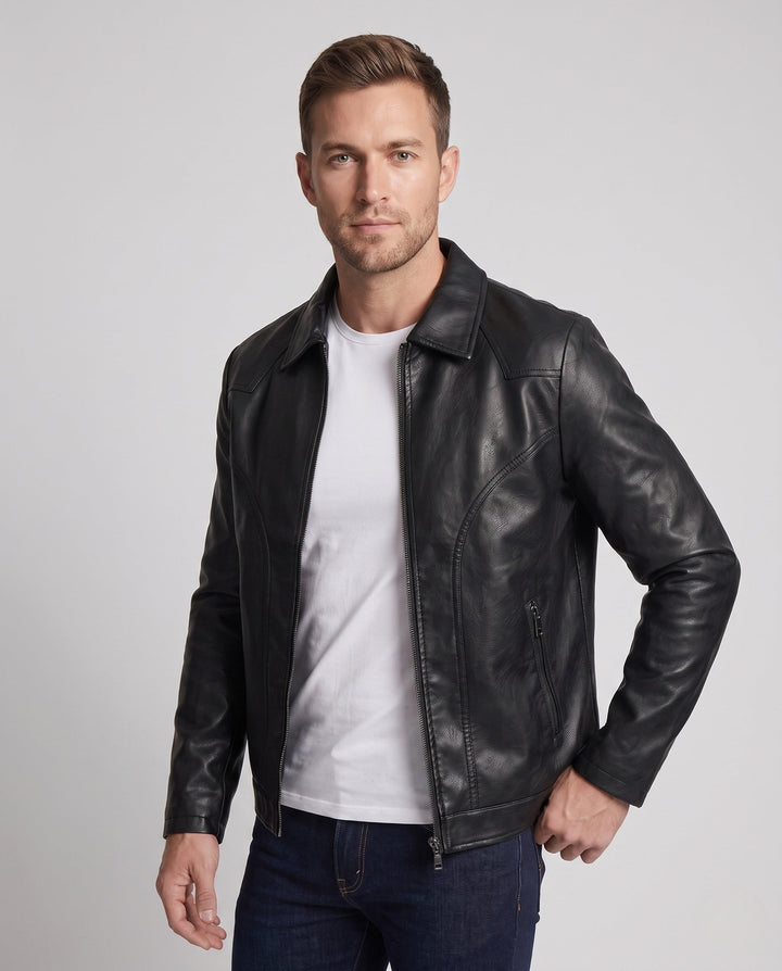 Men Smooth Leather Look Blouson with Full Teddy Lining and Concealed Zipper Hudson & Parker