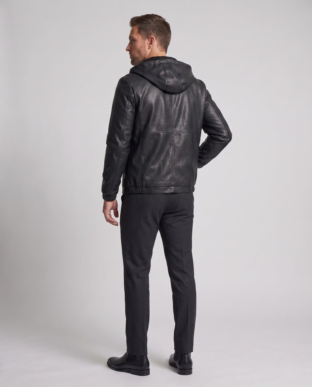 Men's Hooded Blouson in Leather Look with Minimal Zip Front and Elastic Cuffs Hudson & Parker