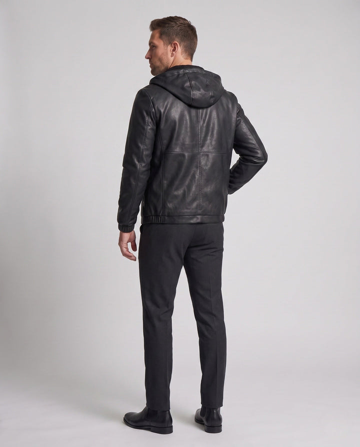 Men's Hooded Blouson in Leather Look with Minimal Zip Front and Elastic Cuffs Hudson & Parker