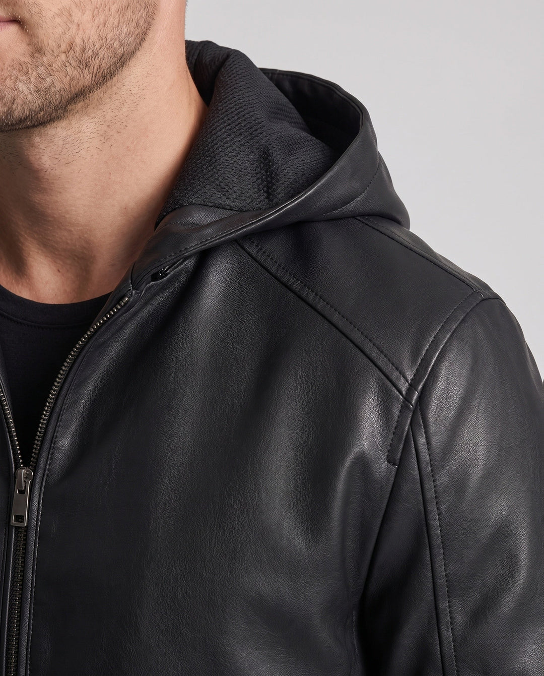 Men's Hooded Blouson in Leather Look with Minimal Zip Front and Elastic Cuffs Hudson & Parker