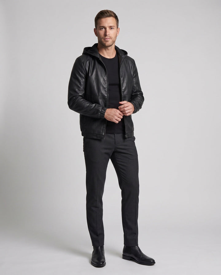 Men's Hooded Blouson in Leather Look with Minimal Zip Front and Elastic Cuffs Hudson & Parker
