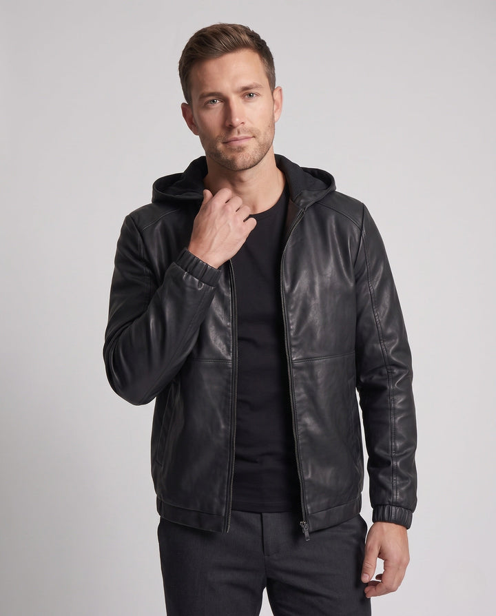 Men's Hooded Blouson in Leather Look with Minimal Zip Front and Elastic Cuffs Hudson & Parker
