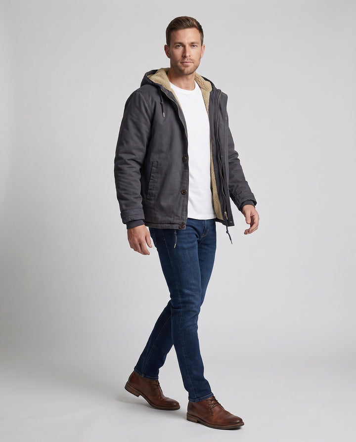 Men's Hooded Canvas Jacket with Full Teddy Lining and Adjustable Hem Hudson & Parker