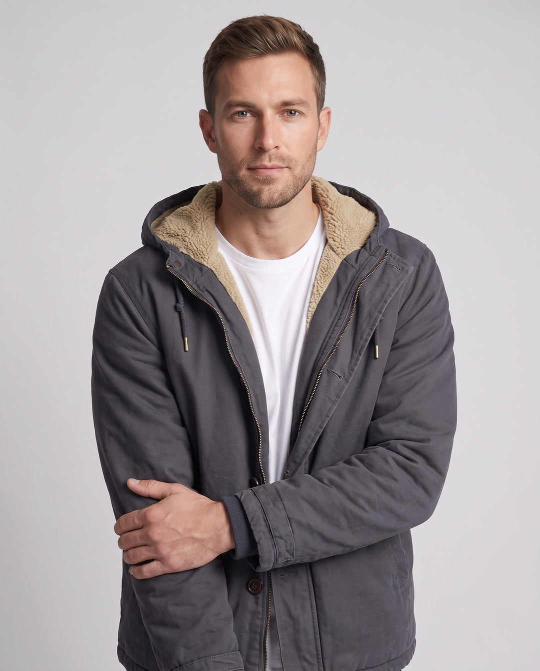 Men's Hooded Canvas Jacket with Full Teddy Lining and Adjustable Hem Hudson & Parker