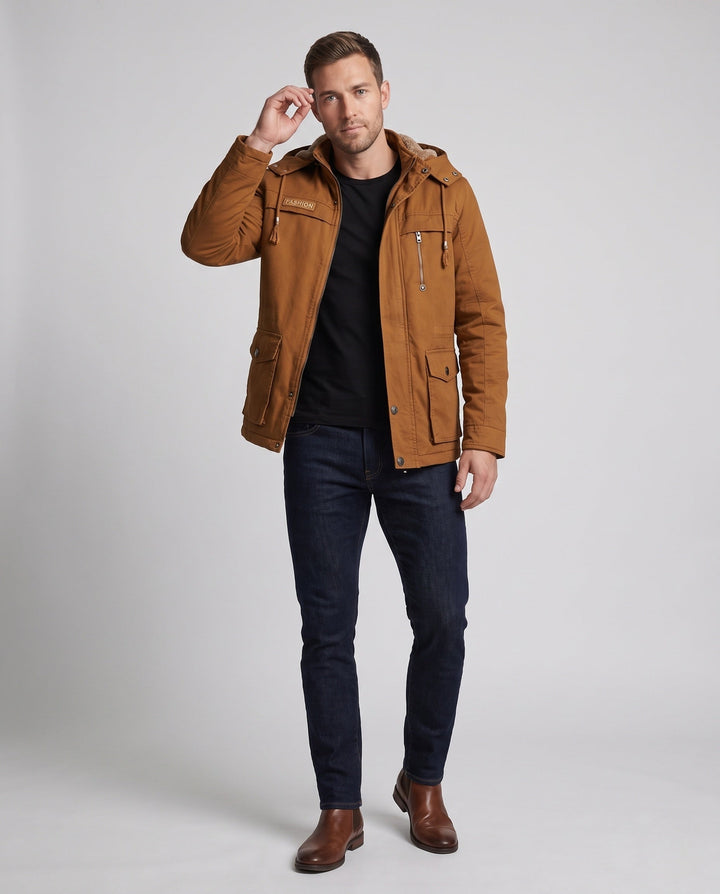 Men's Hooded Field Jacket with Teddy Lining and Multi-Function Pockets Hudson & Parker