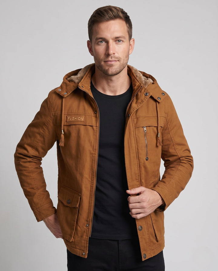 Men's Hooded Field Jacket with Teddy Lining and Multi-Function Pockets Hudson & Parker