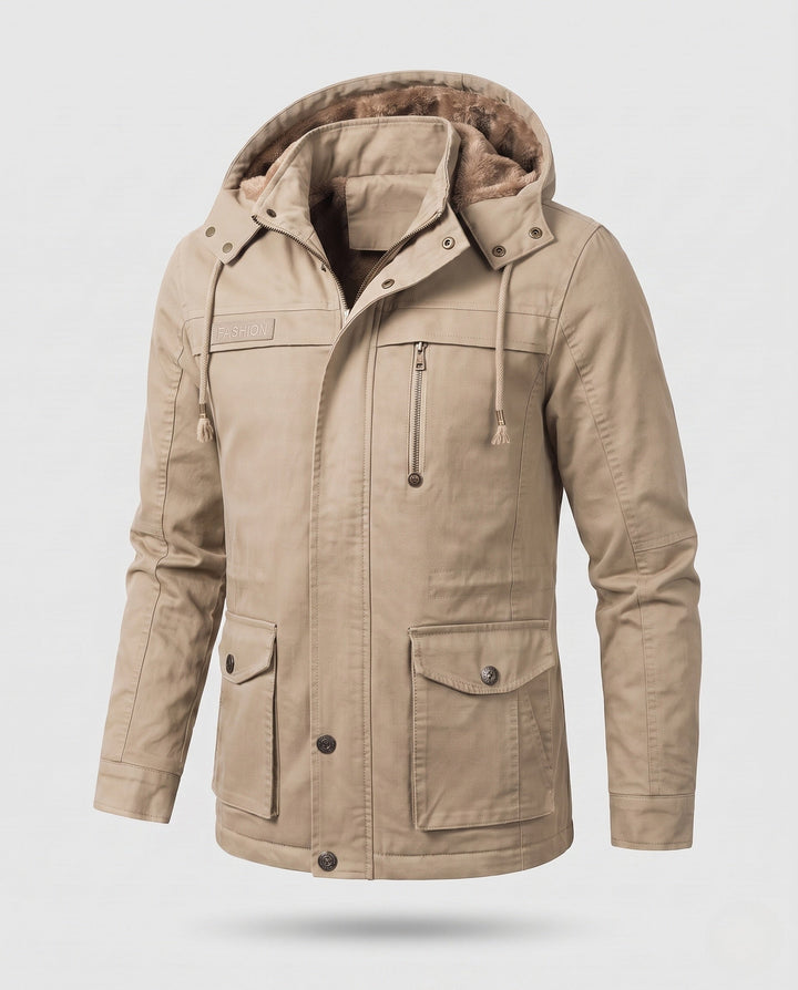 Men's Hooded Field Jacket with Teddy Lining and Multi-Function Pockets Hudson & Parker