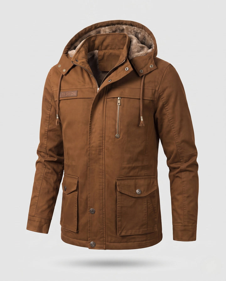 Men's Hooded Field Jacket with Teddy Lining and Multi-Function Pockets Hudson & Parker