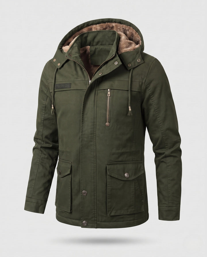 Men's Hooded Field Jacket with Teddy Lining and Multi-Function Pockets Hudson & Parker