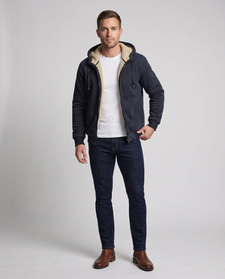 Men's Hooded Fleece Jacket with Sherpa Lining, Zipper and Ribbed Cuffs Hudson & Parker