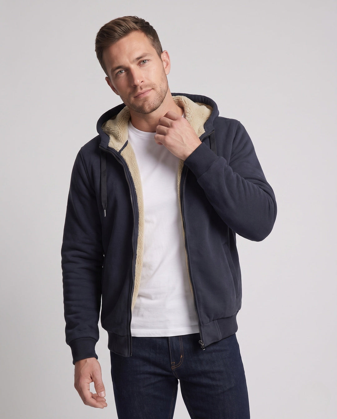Men's Hooded Fleece Jacket with Sherpa Lining, Zipper and Ribbed Cuffs Hudson & Parker
