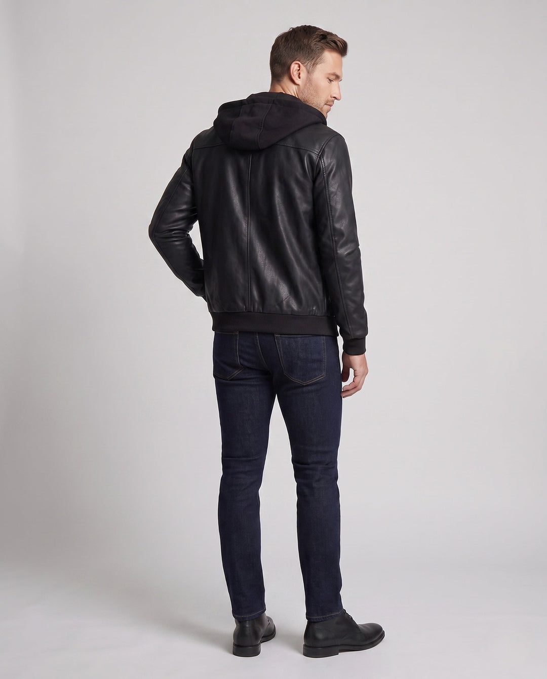 Men's Hooded Faux Leather Jacket in Biker Bomber Style with Integrated Hoodie Lining Hudson & Parker