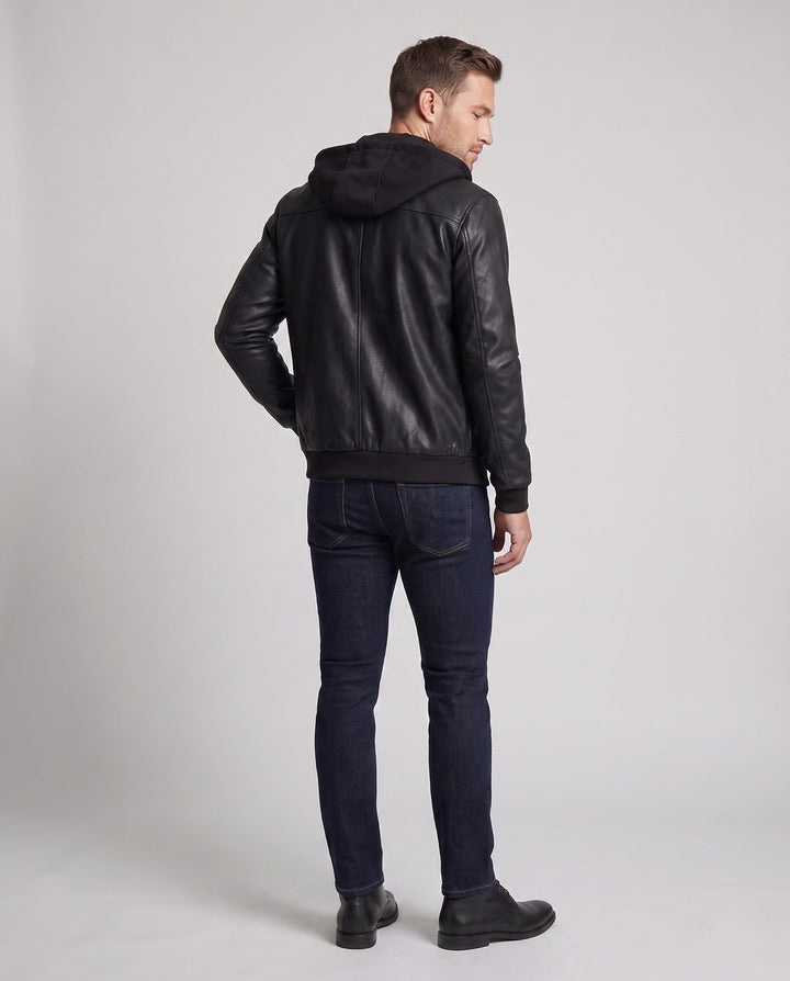 Men's Hooded Faux Leather Jacket in Biker Bomber Style with Integrated Hoodie Lining Hudson & Parker