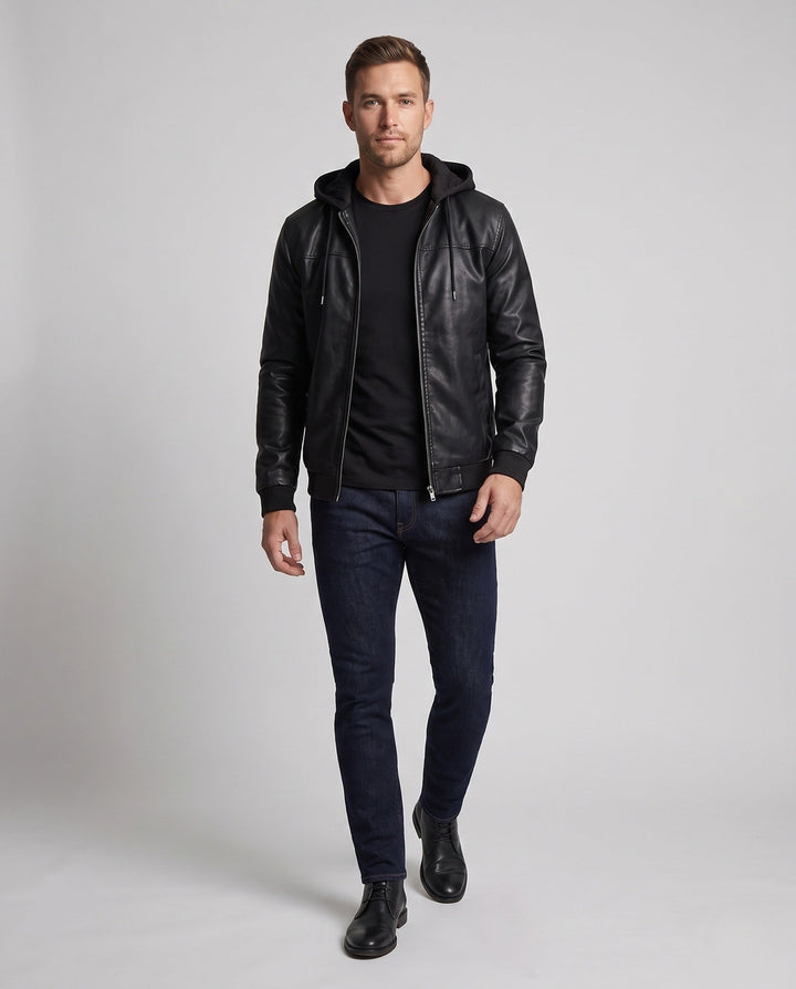 Men's Hooded Faux Leather Jacket in Biker Bomber Style with Integrated Hoodie Lining Hudson & Parker