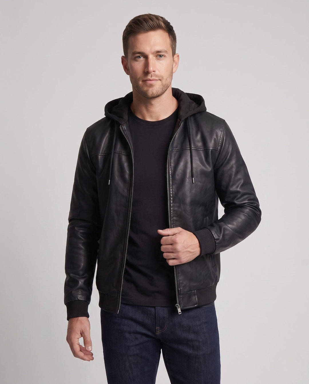 Men's Hooded Faux Leather Jacket in Biker Bomber Style with Integrated Hoodie Lining Hudson & Parker