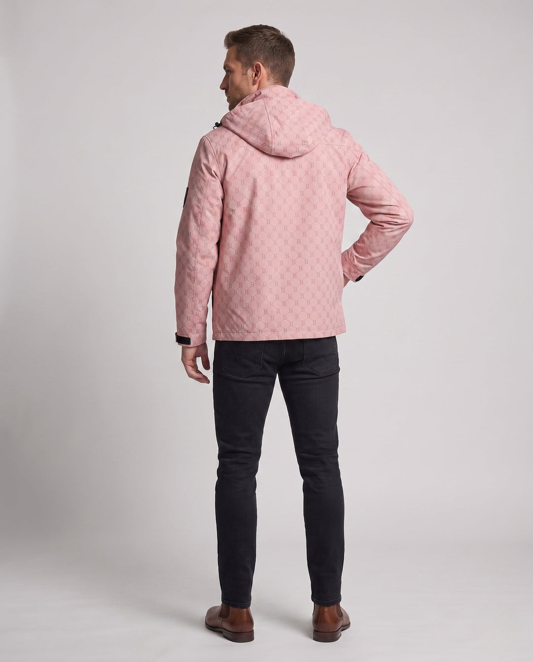 Men's hooded parka with allover monogram water-repellent nylon blend and multifunction pockets Hudson & Parker