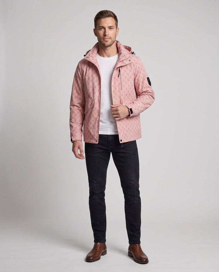 Men's hooded parka with allover monogram water-repellent nylon blend and multifunction pockets Hudson & Parker