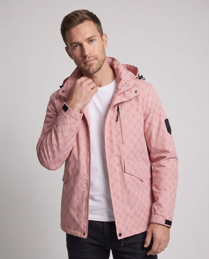 Men's hooded parka with allover monogram water-repellent nylon blend and multifunction pockets Hudson & Parker
