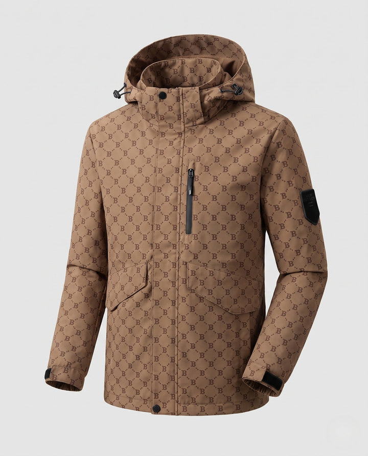 Men's hooded parka with allover monogram water-repellent nylon blend and multifunction pockets Hudson & Parker