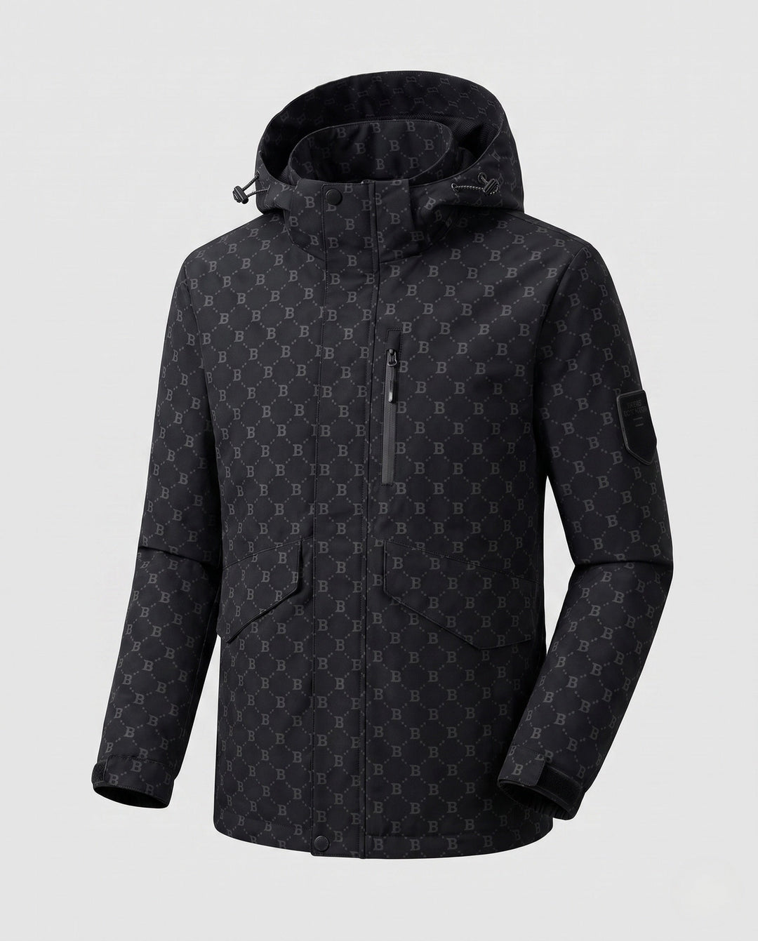 Men's hooded parka with allover monogram water-repellent nylon blend and multifunction pockets Hudson & Parker