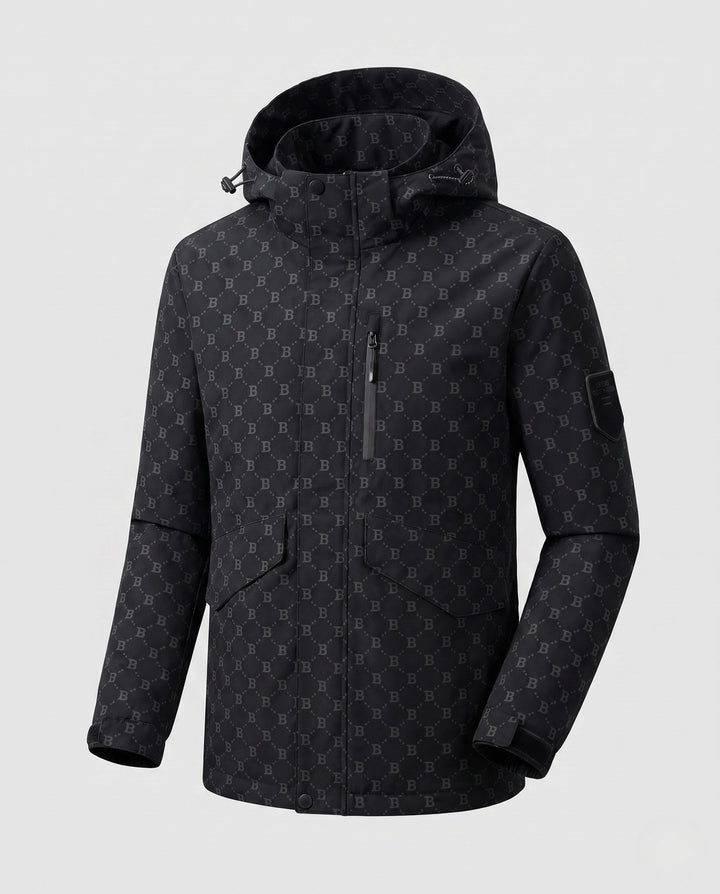 Men's hooded parka with allover monogram water-repellent nylon blend and multifunction pockets Hudson & Parker