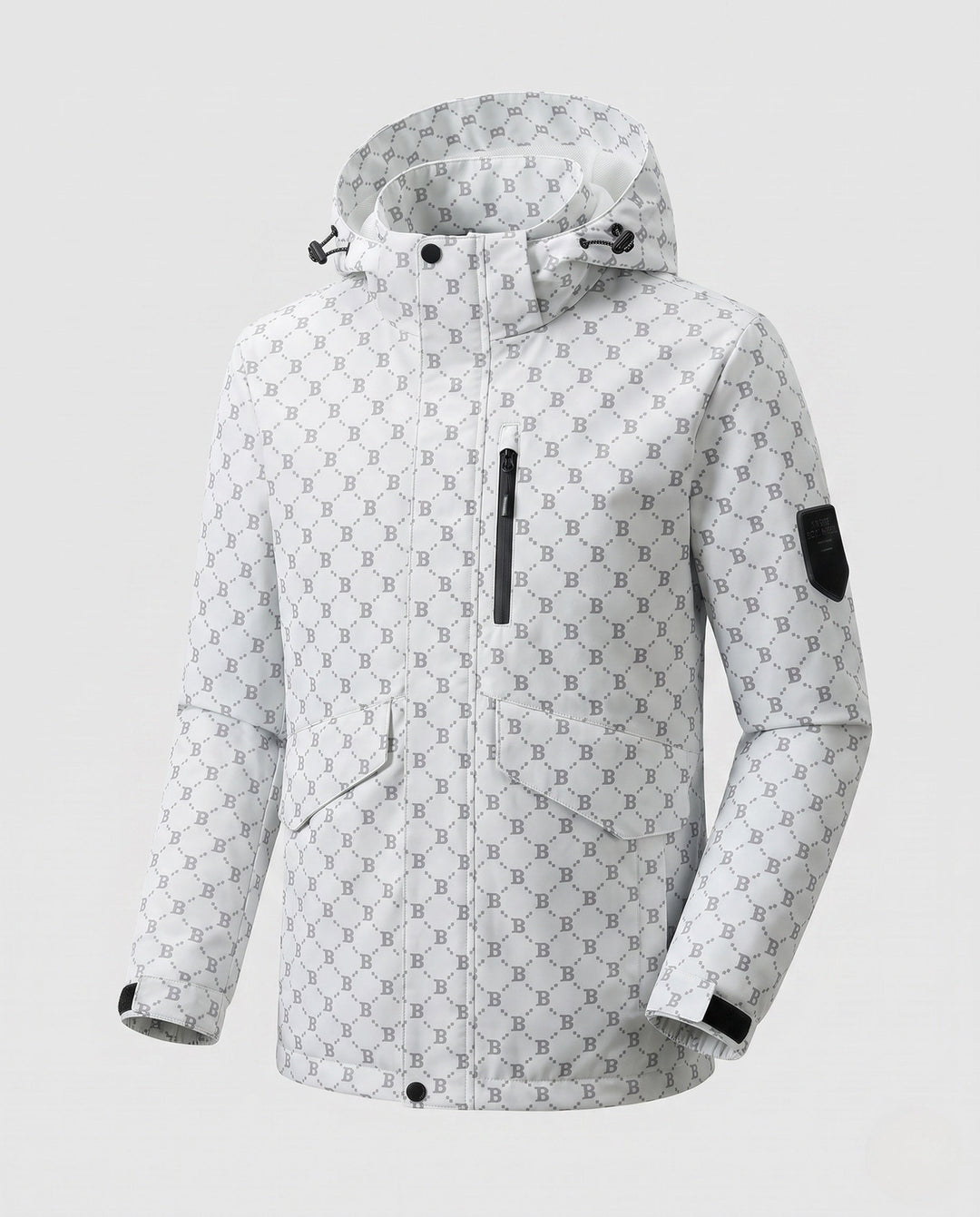 Men's hooded parka with allover monogram water-repellent nylon blend and multifunction pockets Hudson & Parker