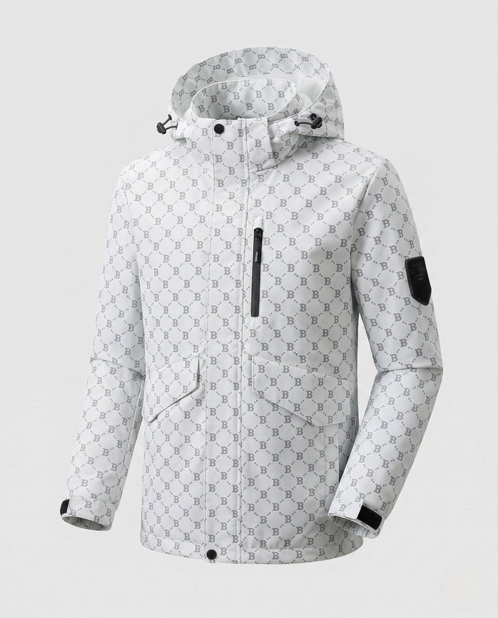 Men's hooded parka with allover monogram water-repellent nylon blend and multifunction pockets Hudson & Parker