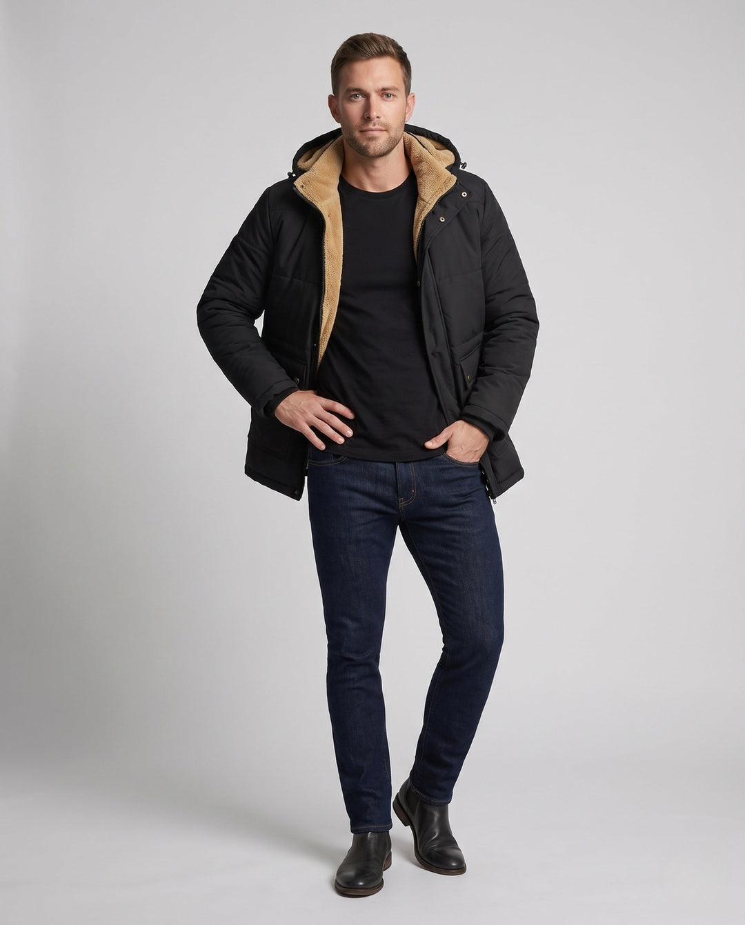 Men's hooded parka with all-over teddy fleece lining and thermal insulation Hudson & Parker
